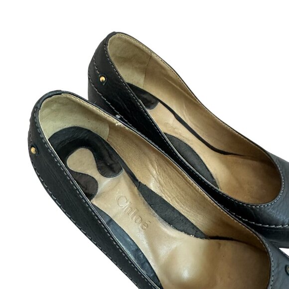 Chloe Leather Round Toe Pumps High Heels Wooden Black Size 38 7.5 Women's - Picture 2 of 14